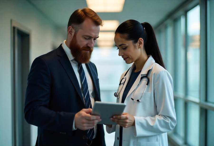 Un asesor veterinario habla con una veterinaria y eñala algo en una tablet