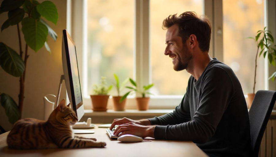 Un hombre buscando clínica veterinaria en internet junto a su gato y el hombre parece feliz