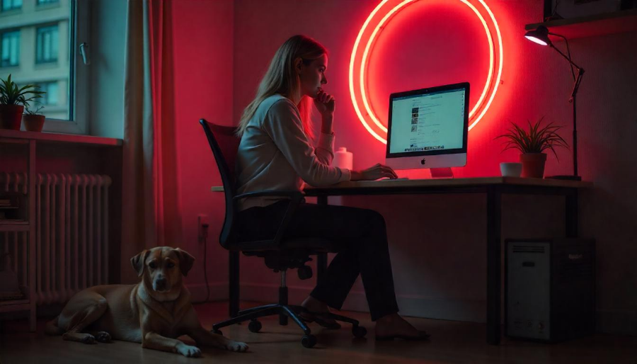 Una mujer buscando una clínica veterinaria para su perro en internet