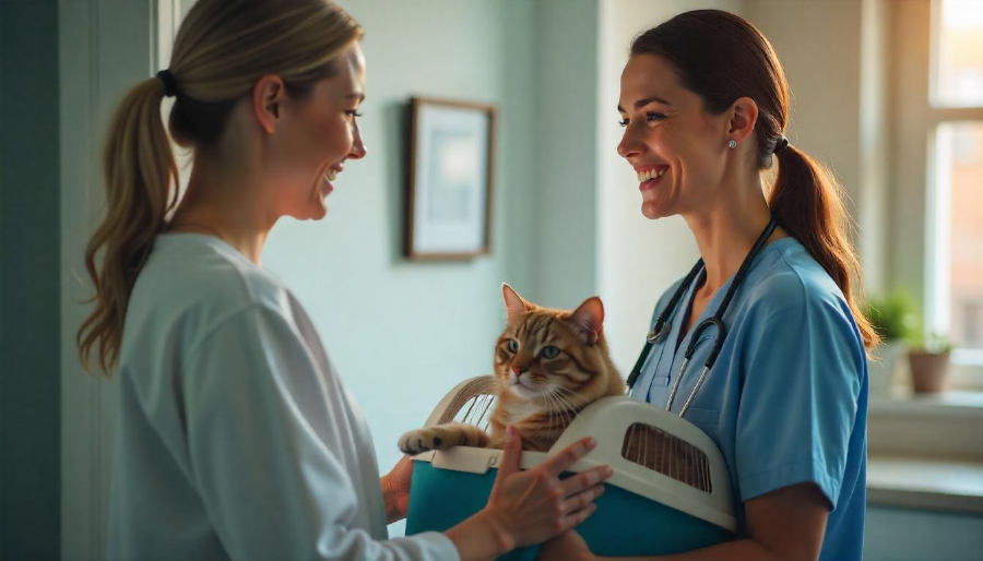 Una mujer lleva a su gata en un transportín a la clínica y una veterinaria las recibe