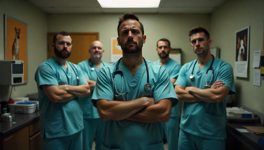 Un grupo de veterinarios donde todos están enfadados