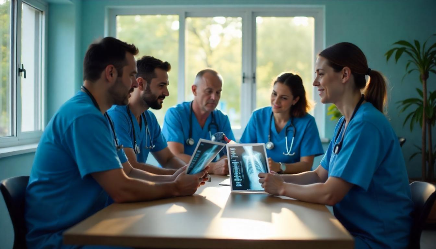 Un grupo de veterinarios reunidos en una mesa y debatiendo de forma clara