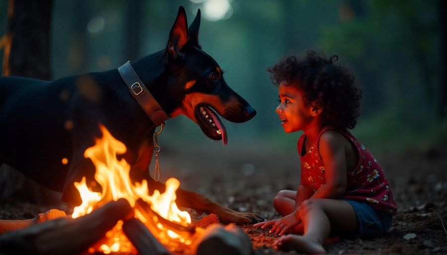 Un perro Doberman protegiendo a un niño pequeño