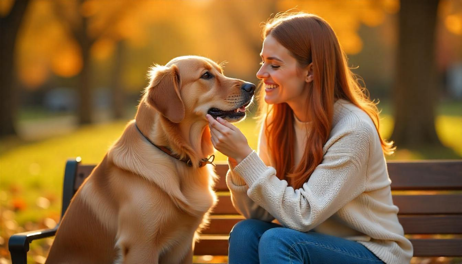 Una mujer está con su perro en un banco de un parque