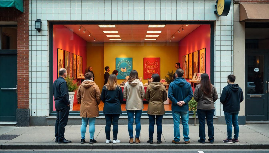 Varias personas mirando un escaparate colorido de una clínica veterinaria