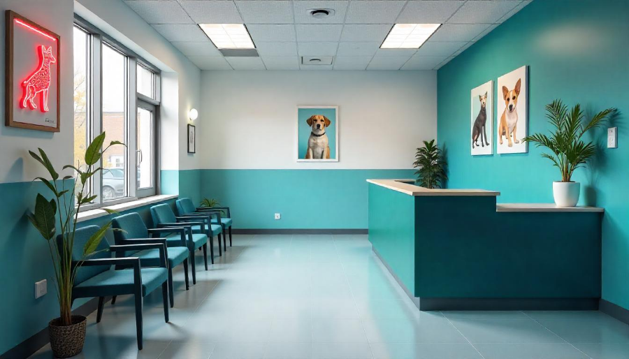 La recepción de una clínica veterinaria con una buena combinación de colores de marca