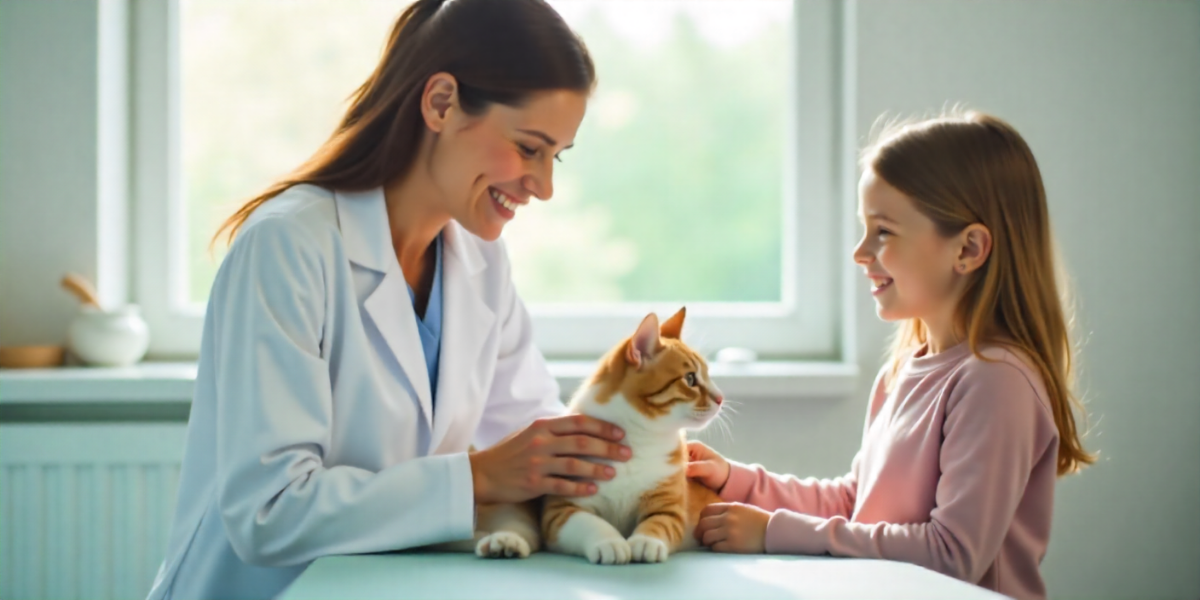 Una veterinaria acariciando un gato junto a una niña
