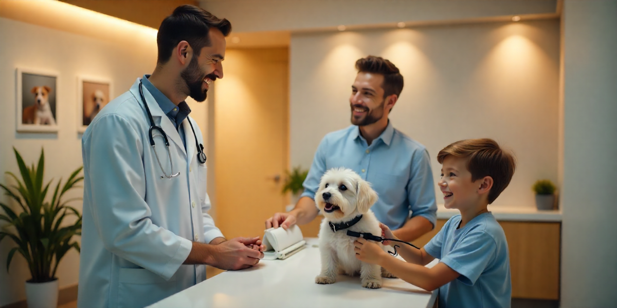 Un veterinario en la recepción con un perro pequeño blanco y su familia