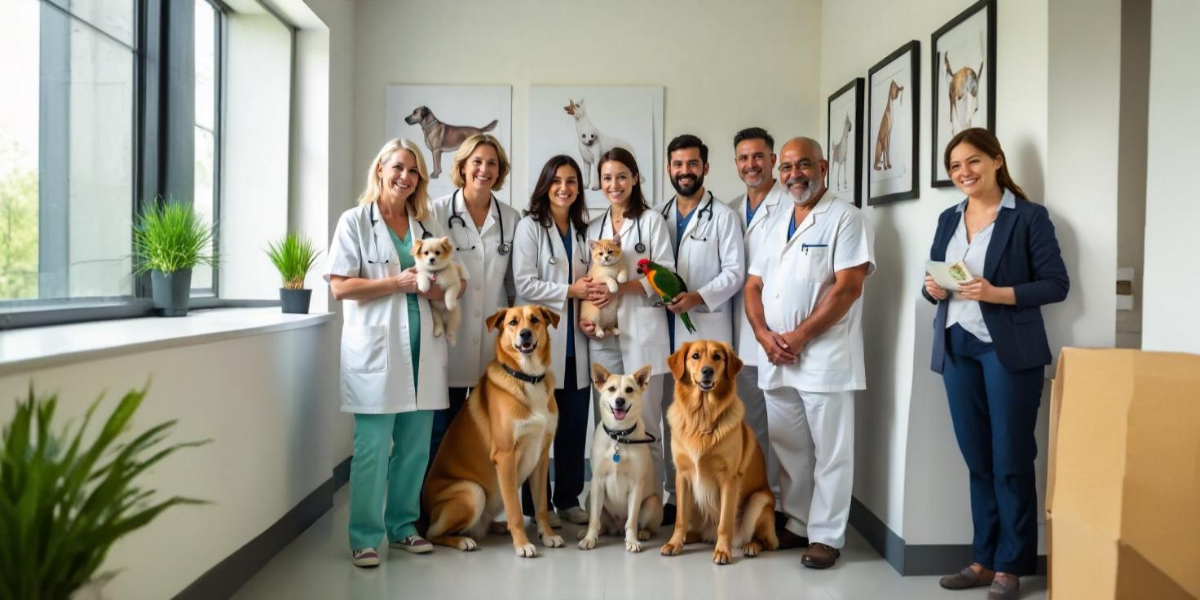 Toda la plantilla de una clínica veterinaria posando feliz con perros y su consultora de marketing digital