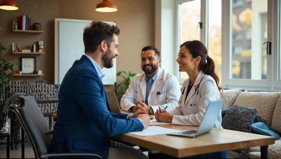 Un consultor veterinario explicando a unos veterinarios