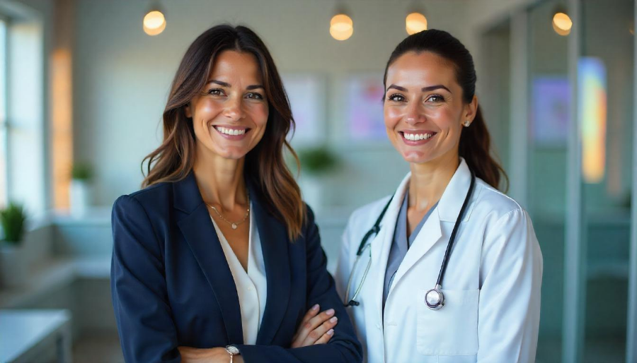 Una consultora contenta con una médica veterinaria feliz