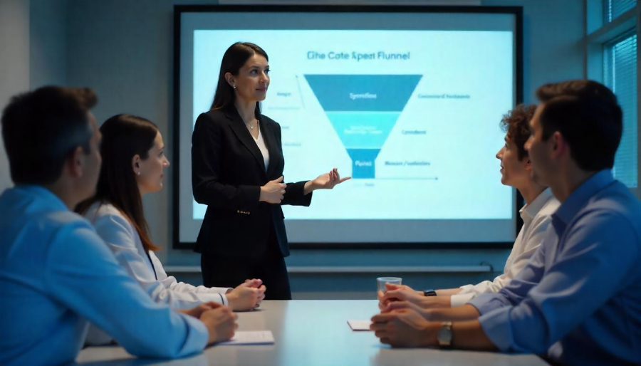 Una consultora explicando un embudo o funnel de ventas a un grupo de veterinarios