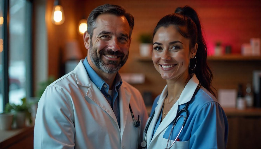 Un veterinario y una veterinaria juntos en la clínica