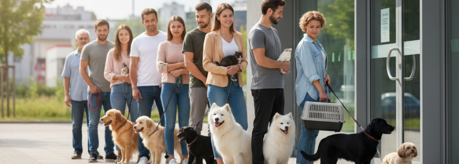 Una fila larga de gente con perros y gatos esperando a entrar en la clínica veterinaria