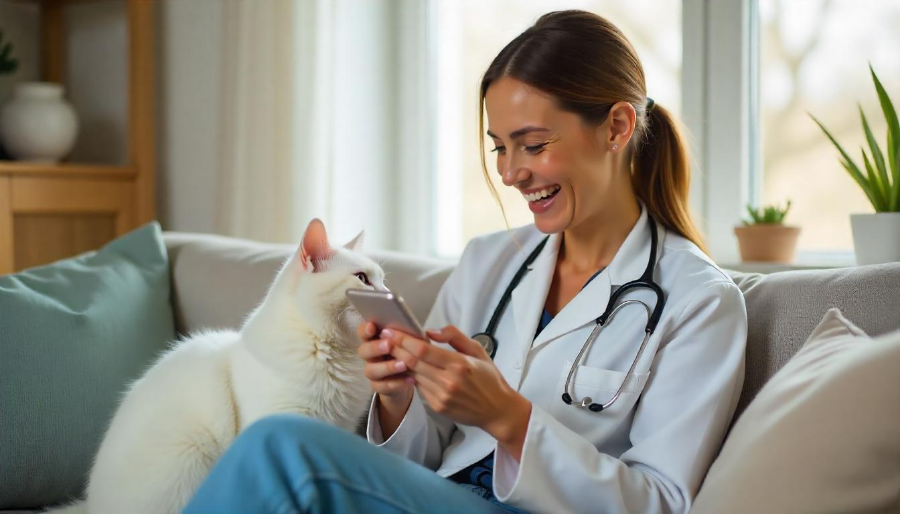 Una mujer veterinaria contenta mirando su teléfono móvil junto a un gato blanco