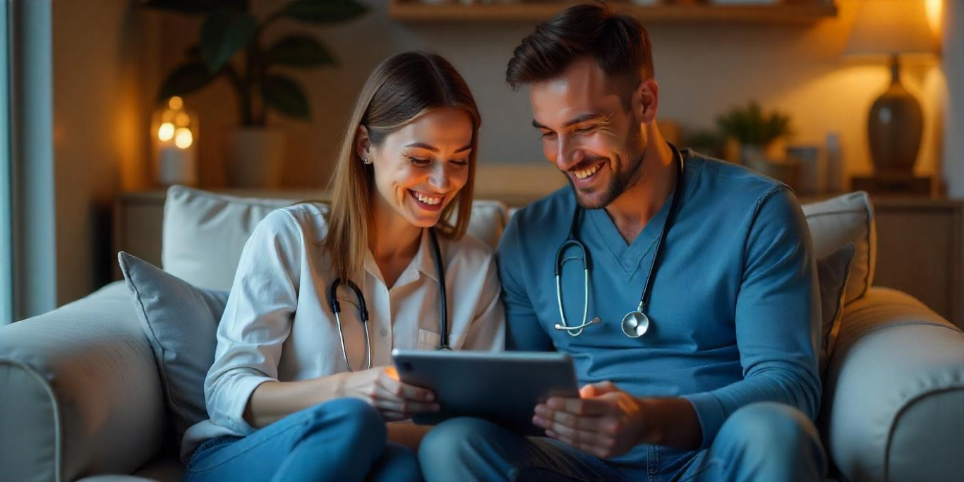 Una pareja de veterinarios leyenfo la newsletter en la tablet sentados en el sofá de su casa
