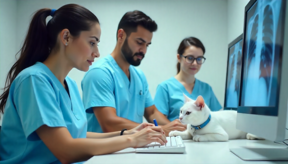 Tres veterinarios están consultando en el ordenador junto a un gato blanco