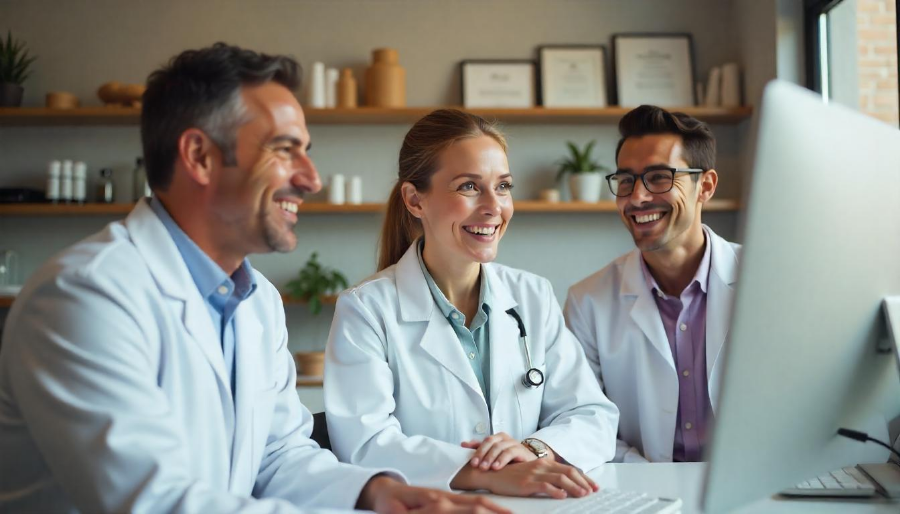 Tres veterinarios contentos mirando la pantalla de un ordenador en la clínica